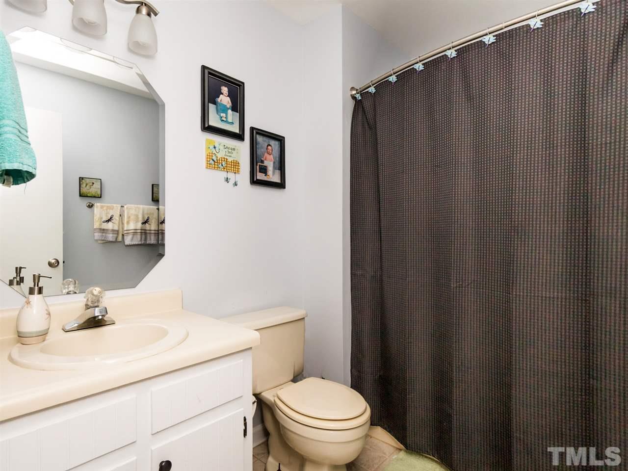 10017 Joe Leach Road Raleigh, NC 27603 - Photo 9 of 23 a bathroom with a sink a toilet and shower curtain