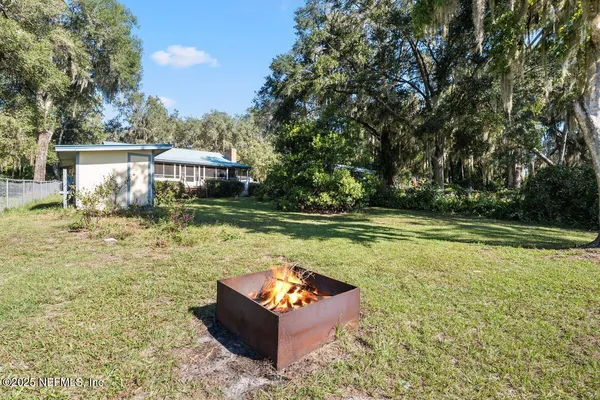 a garden view with a seating space