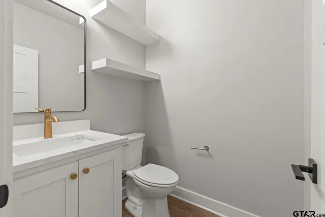 a bathroom with a sink a toilet and mirror