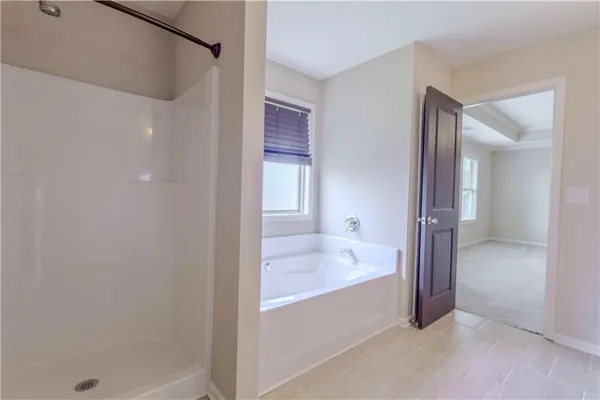 a bathroom with a bathtub and shower