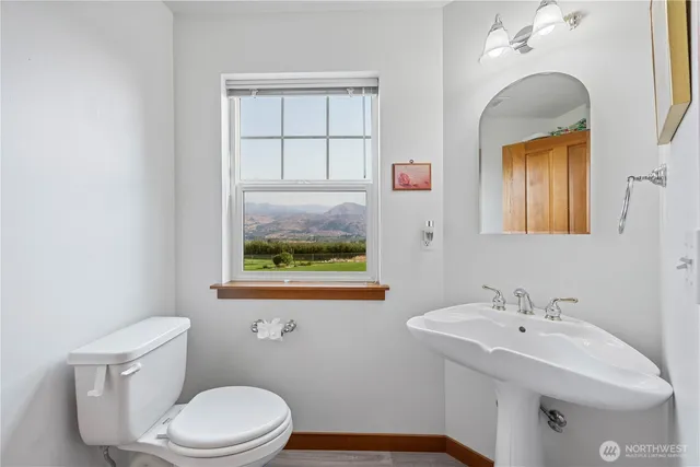 a bathroom with a toilet a sink and mirror