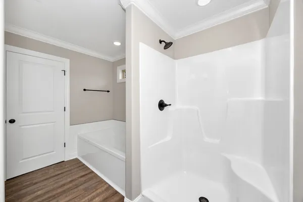 a bathroom with a bathtub and a shower