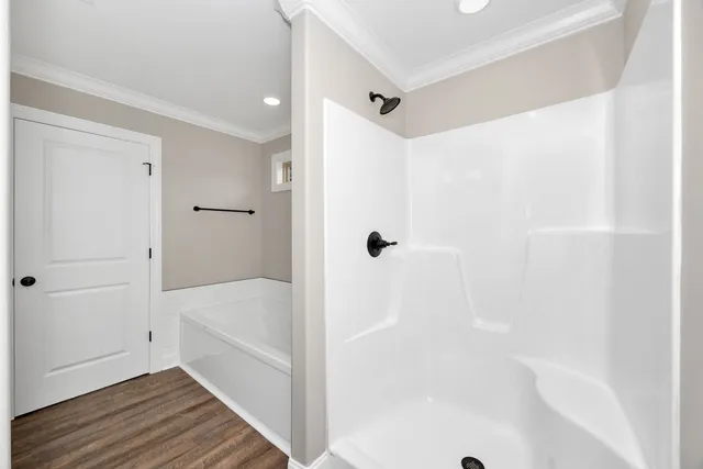 a bathroom with a bathtub and a shower