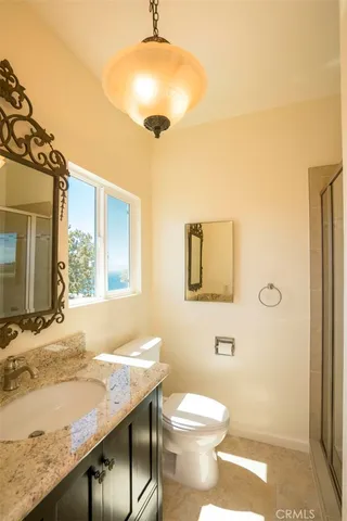 a bathroom with a granite countertop sink toilet and shower