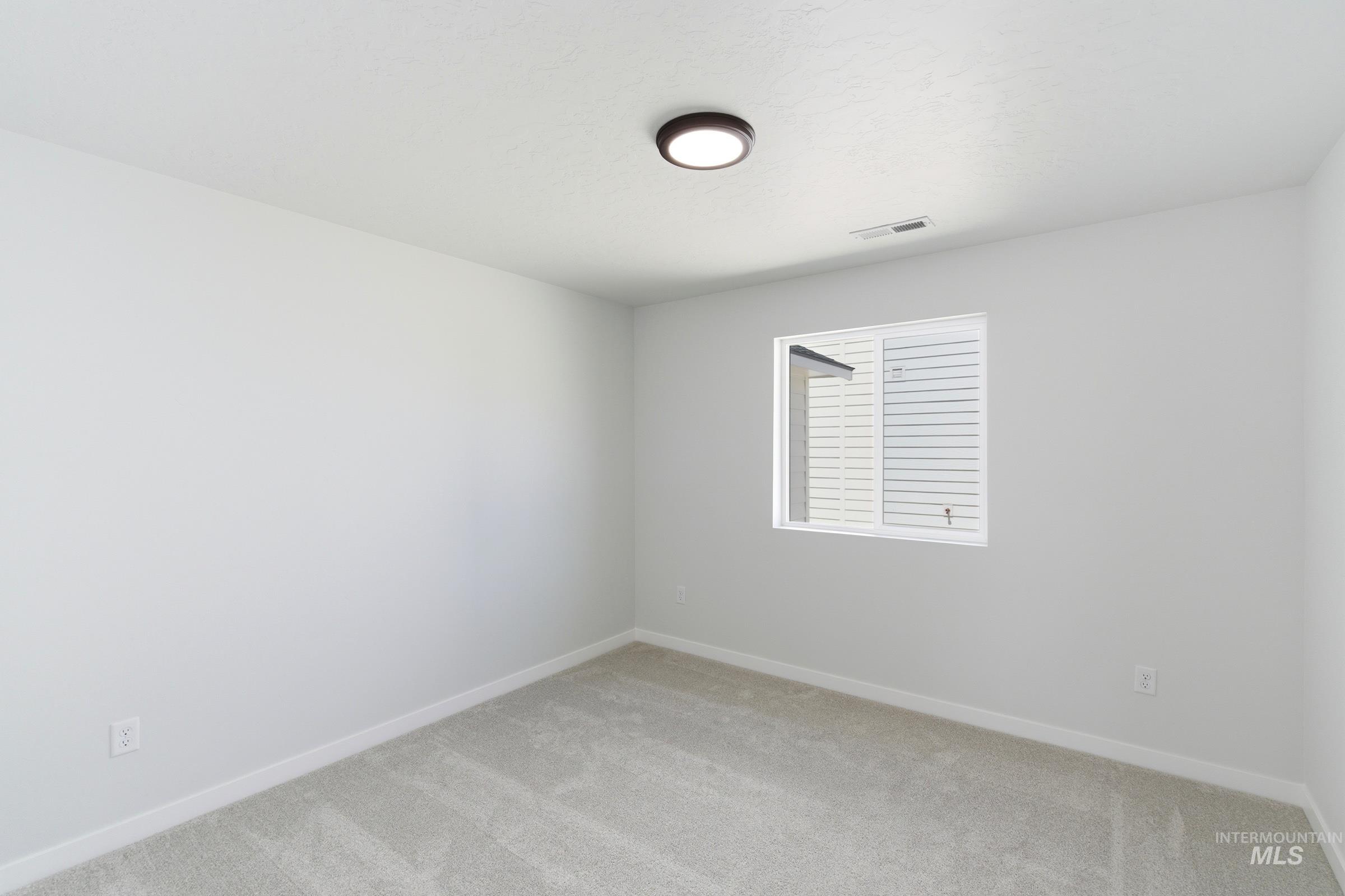 8317 South Tyrion Way Kuna, ID 83634 - Photo 15 of 22 Bright interior space featuring a window with integrated blinds, light gray wall-to-wall carpeting, white baseboards, and a flush-mount ceiling light fixture