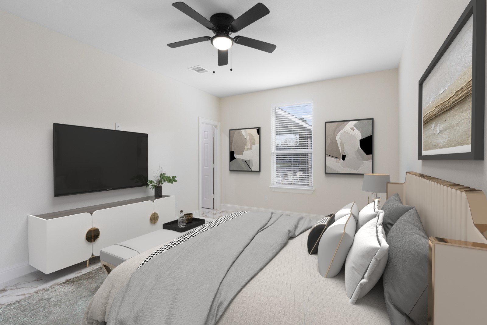 155 County Road 3372 Cleveland, TX 77327 - Photo 9 of 36 a bedroom with a bed and a flat tv screen on the dresser