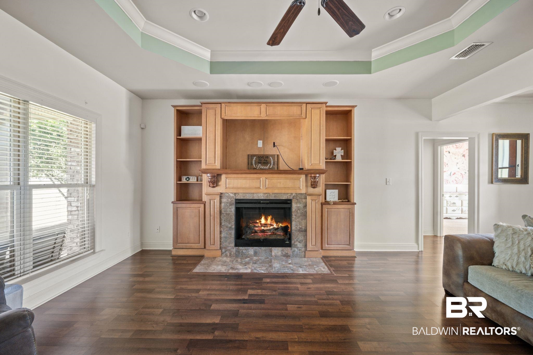 3879 Symphony Way West Semmes, AL 36575 - Photo 10 of 34 Living room with a raised ceiling, a premium fireplace, and dark hardwood / wood-style flooring