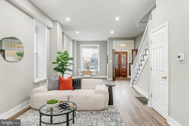 a living room with furniture and a potted plant