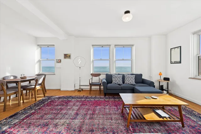 a living room with furniture a rug and a window