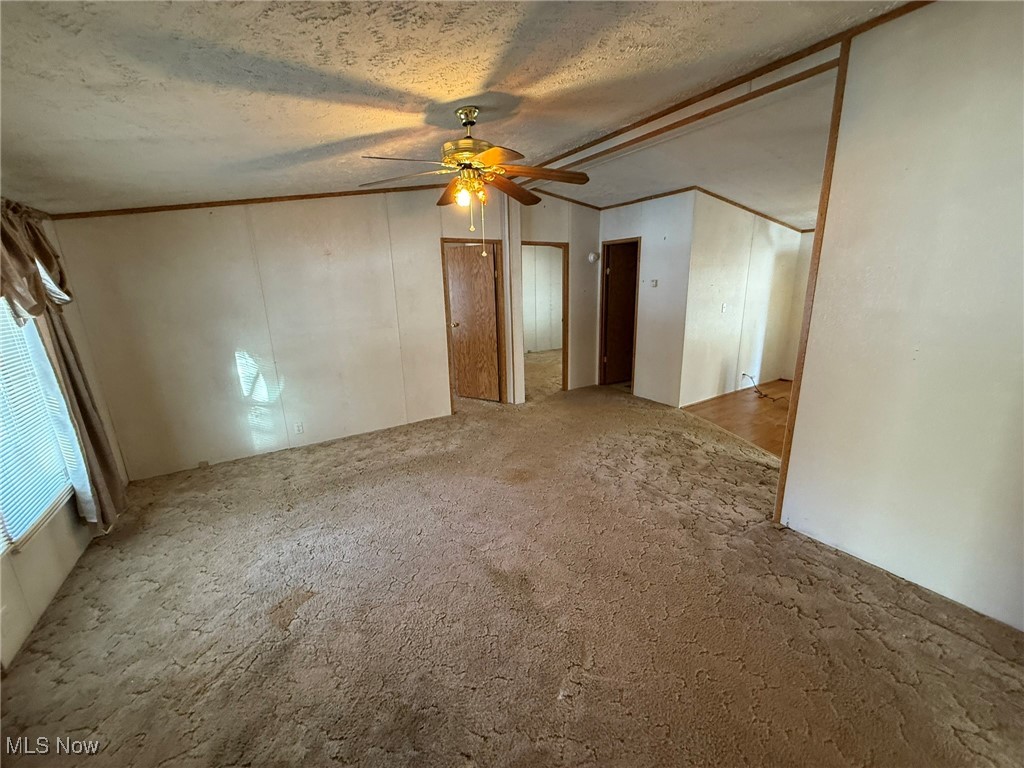 83631 Merryman Road Cadiz, OH 43907 - Photo 5 of 16 Unfurnished room featuring ceiling fan, a textured ceiling, and carpet flooring