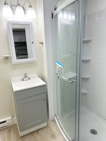 a bathroom with a sink a mirror and shower