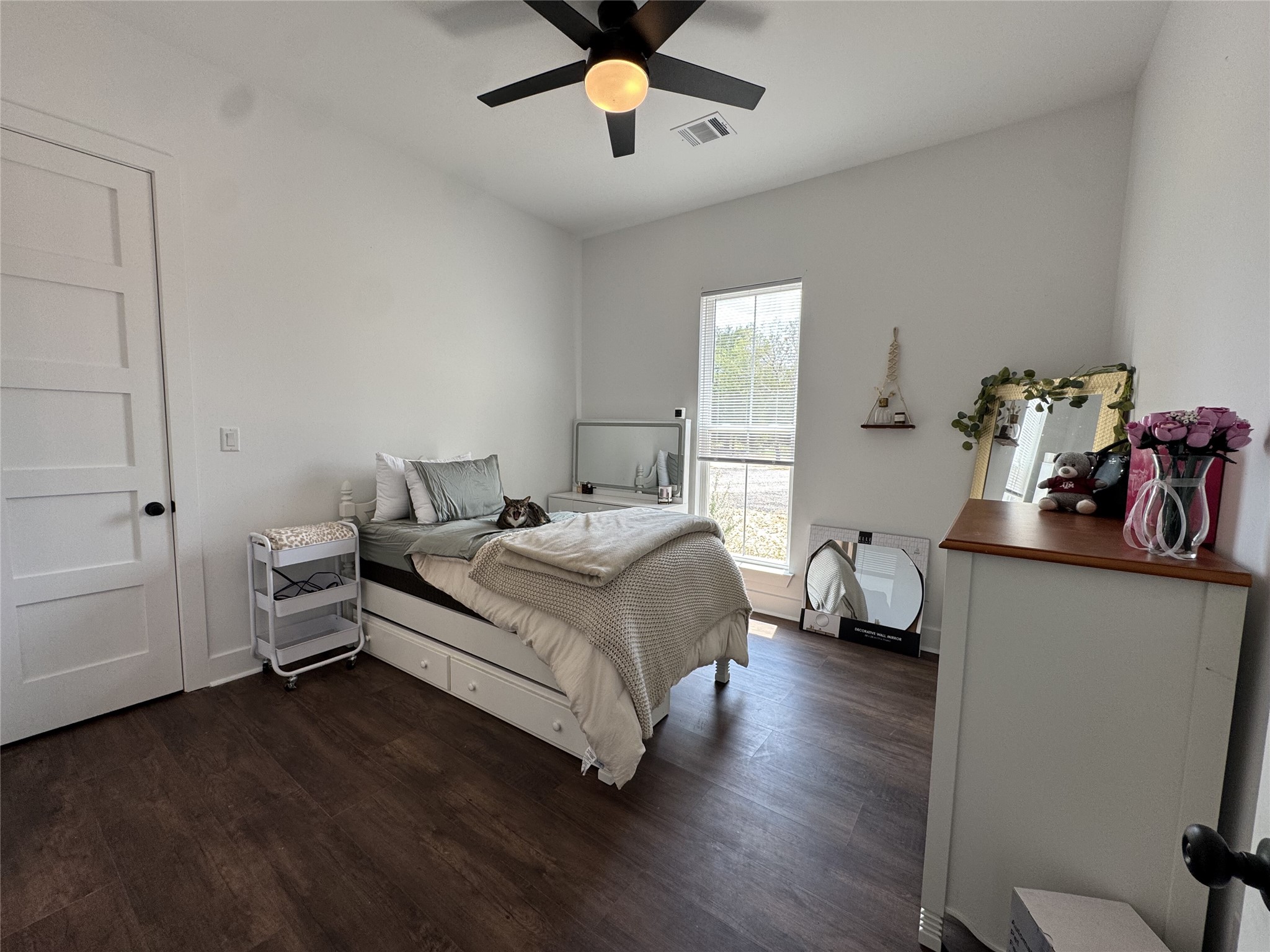 1353 Red Town Road, Unit B Elgin, TX 78621 - Photo 21 of 26 Rich wood flooring runs throughout this bedroom beneath a tall ceiling.