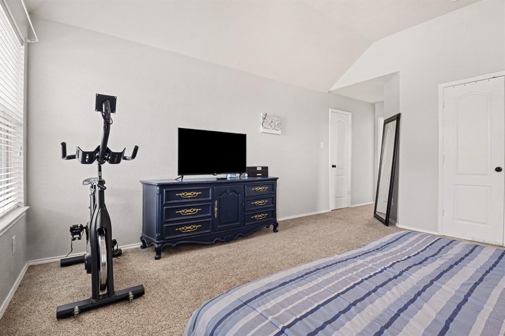 10005 Turrey Rowlett, TX 75089 - Photo 16 of 32 Bedroom featuring light carpet and vaulted ceiling