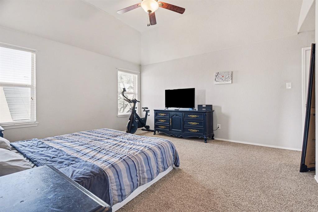 10005 Turrey Rowlett, TX 75089 - Photo 18 of 32 Bedroom with light carpet, ceiling fan, and lofted ceiling