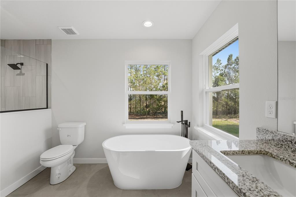 13161 Southwest 60th Avenue Ocala, FL 34473 - Photo 21 of 36 a spacious bathroom with a granite countertop bathtub next to a window