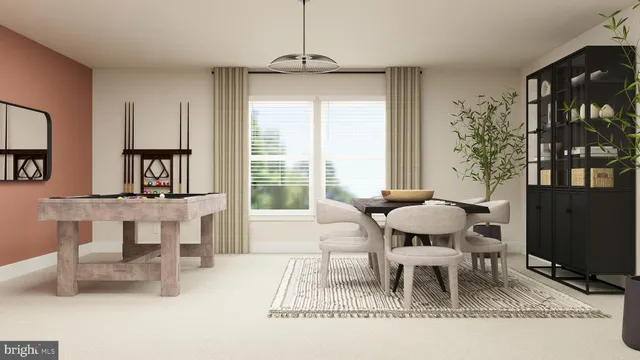 a dining room with furniture and window