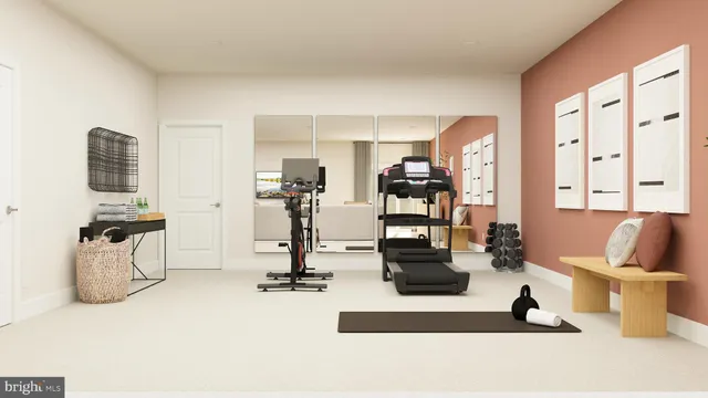 a living room with furniture gym equipment and a view of living room
