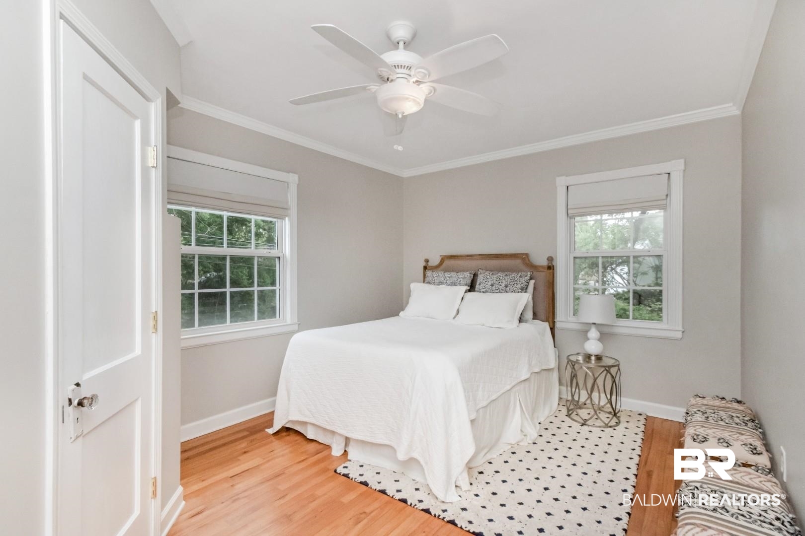 214 Upham Street, Unit 3D Mobile, AL 36607 - Photo 18 of 34 Bedroom featuring light wood-style floors, a ceiling fan, and ornamental molding