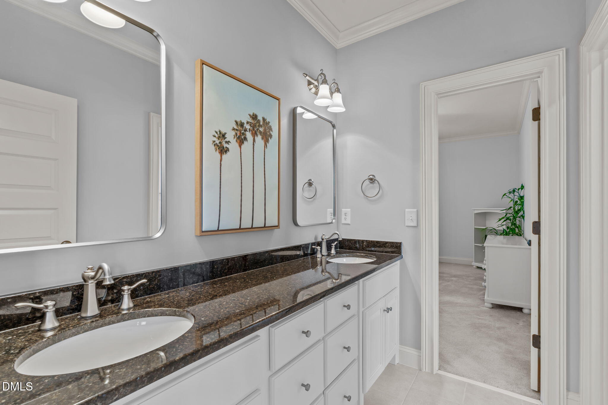 3005 Greyhawk Place Apex, NC 27539 - Photo 57 of 88 a bathroom with a granite countertop sink and a mirror