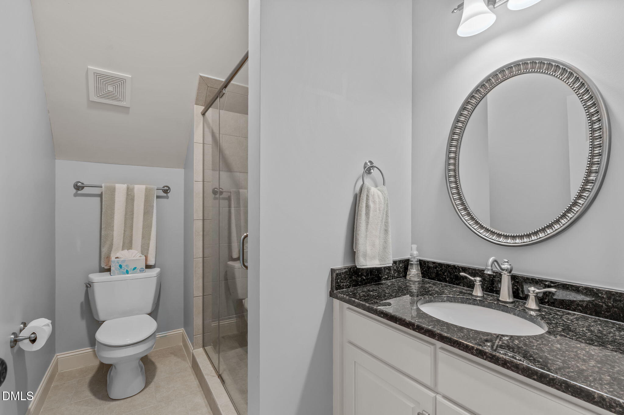 3005 Greyhawk Place Apex, NC 27539 - Photo 64 of 88 a bathroom with a granite countertop toilet a sink and a mirror