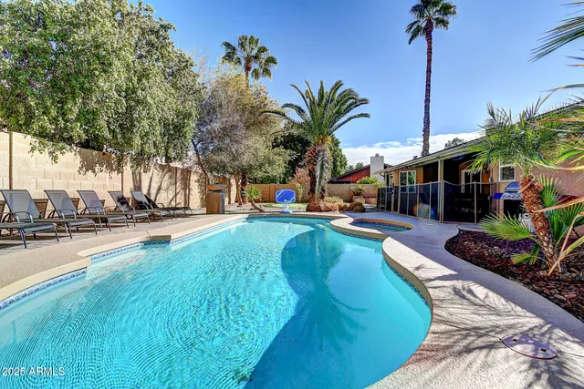 a view of a backyard with plants and a patio