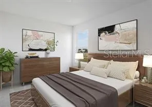 a bedroom with furniture and a painting on the wall