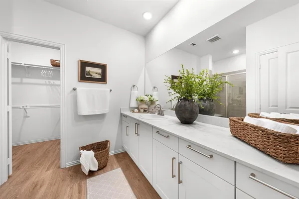 a bathroom with a sink and a potted plant