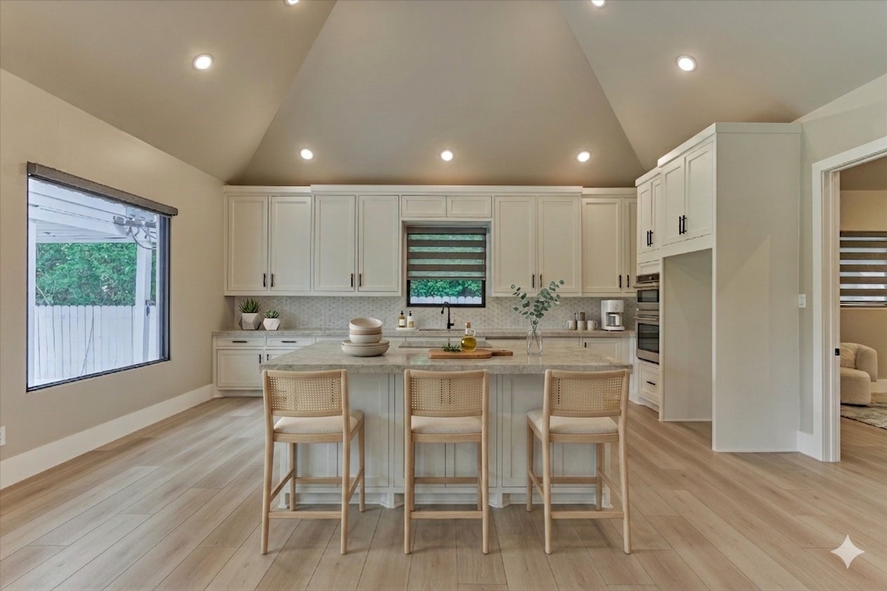 1907 Woerner Road Houston, TX 77090 - Photo 31 of 50 **This is virtually staged** Never cooked in kitchen! Brand new with sparkling Quartzite countertops, stainless steel appliances, induction cooktop. Kitchen is open to the living area for great open concept living.