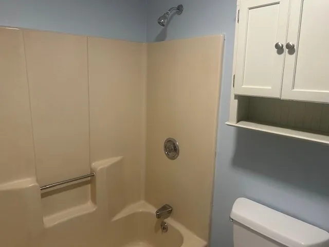a bathroom with a shower and a toilet