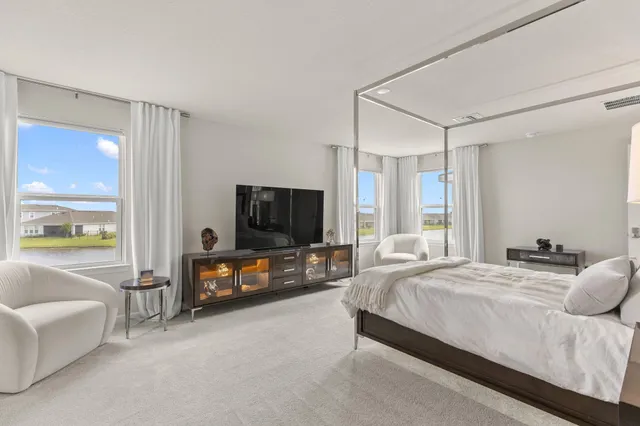 a bedroom with a bed and a flat tv screen on dresser