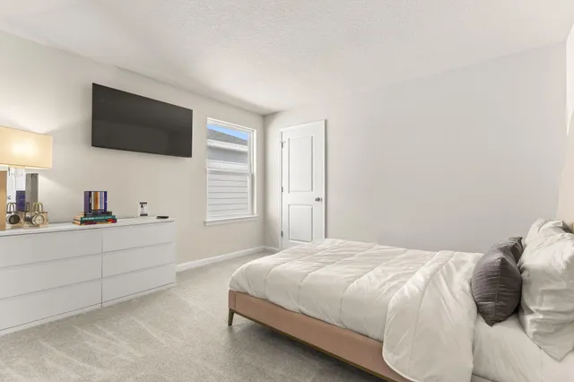 a bedroom with a bed tv and window