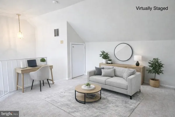 a living room with furniture a rug and a potted plant