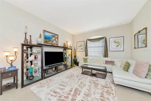 a living room with furniture a rug and a fireplace