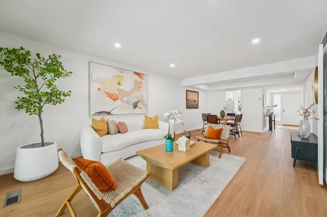 a living room with furniture and a potted plant
