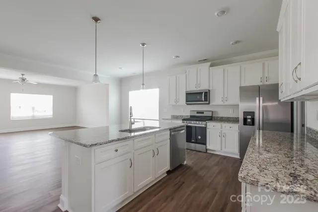 a kitchen with granite countertop a sink stainless steel appliances and white cabinets
