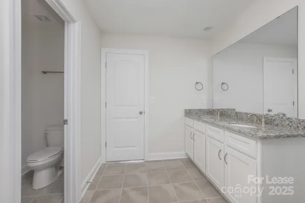 a bathroom with a granite countertop sink and a toilet
