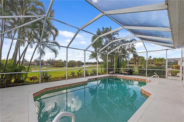 a view of a swimming pool with a patio and plants