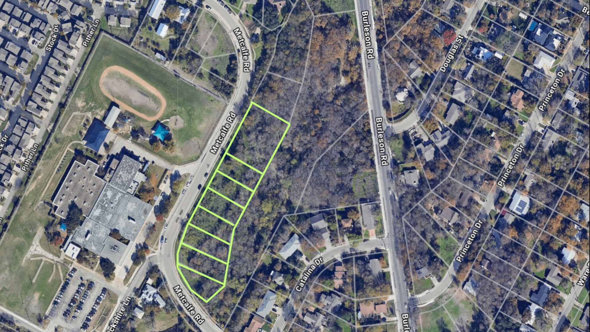 2813-2827 Metcalfe Road Austin, TX 78741 - Photo 3 of 13 Map / location featuring property parcels outlined. New Elementary school across the street. city owned green land a creek behind.