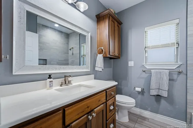 a bathroom with a toilet a sink and mirror