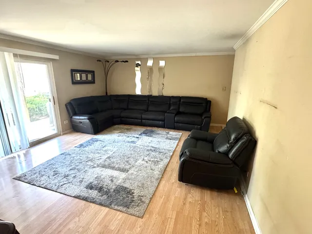 a living room with a couch and a rug