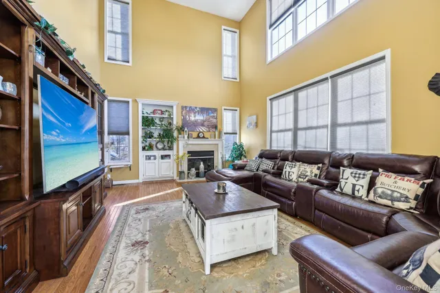 a living room with furniture tv and a fireplace