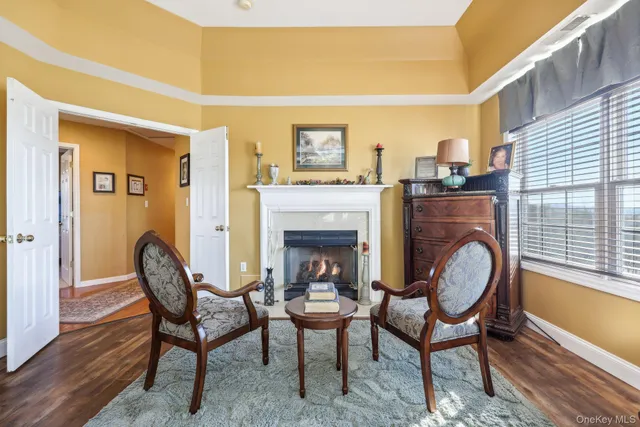a view of a livingroom with furniture and a fireplace