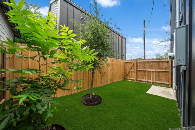 a view of a garden with a chair