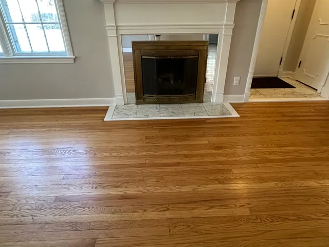 a view of empty room with wooden floor and fireplace