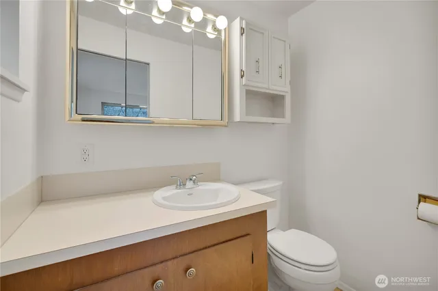 a bathroom with a sink a toilet and mirror
