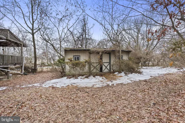 a backyard of a house with large trees and covered with snow