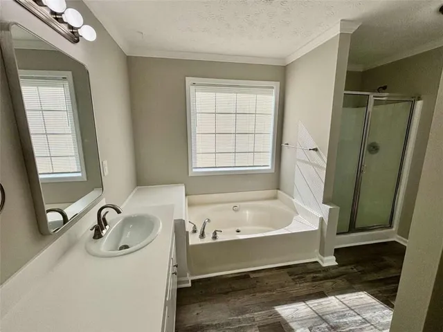a bathroom with a sink a bathtub and a shower