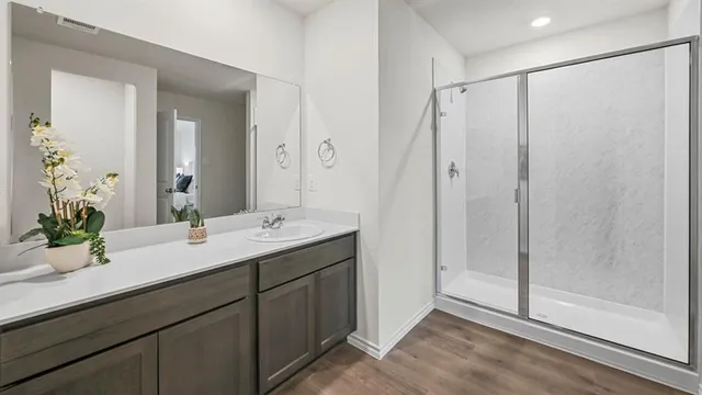 a bathroom with a double vanity sink mirror and shower