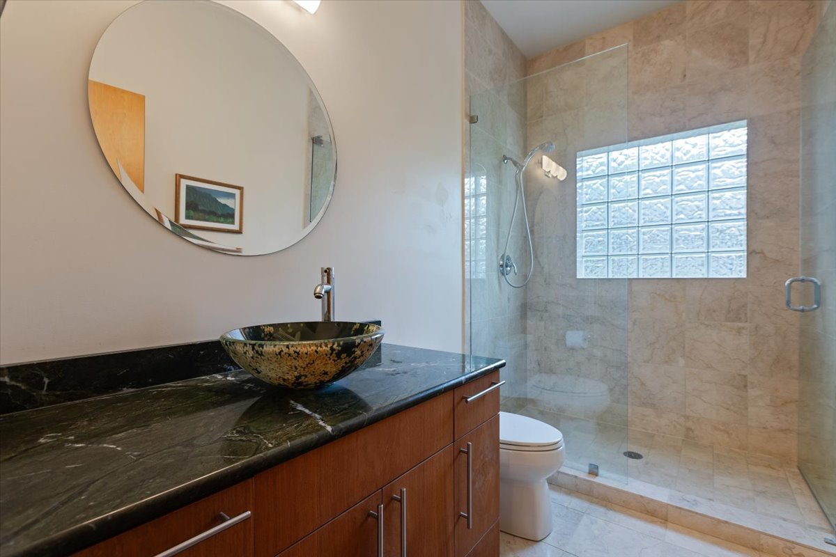 3464 Old Mill Road North Highland Park, IL 60035 - Photo 27 of 64 a bathroom with a granite countertop sink a toilet and shower
