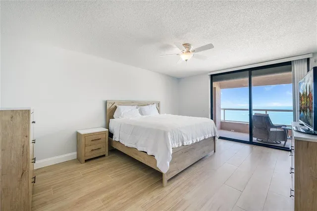 a spacious bedroom with a bed and a large window